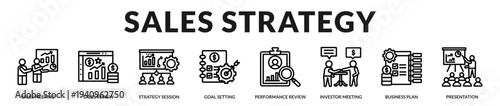 Sales strategy banner showcasing revenue focused planning and performance driven business execution in Lineal Icon Style
