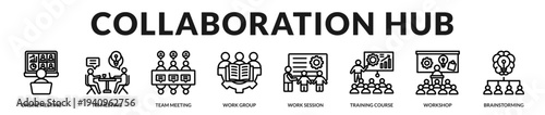 Collaboration hub banner highlighting dynamic teamwork environments and integrated knowledge exchange sessions in Lineal Icon Style