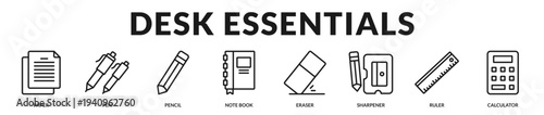 Desk essentials banner presenting refined writing instruments and precision tools for structured administrative workflows in Lineal Icon Style