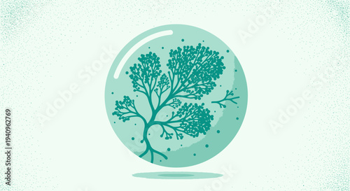 Teal Coral Branch Inside a Glass Sphere on Textured Background