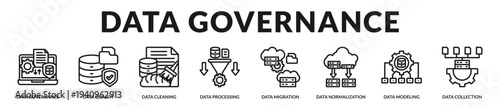 Data governance banner highlighting structured lifecycle management and enterprise level data integrity frameworks in Lineal Icon Style