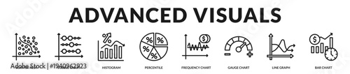 Advanced visuals banner delivering refined comparative analytics and multidimensional statistical representation tools in Lineal Icon Style