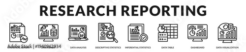 Research reporting banner emphasizing structured statistical documentation and insight driven analytical presentation in Lineal Icon Style