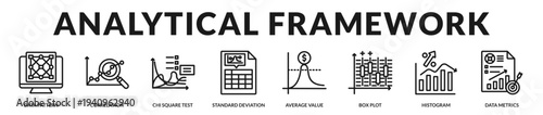 Analytical framework banner presenting structured statistical methodologies and rigorous quantitative evaluation systems in Lineal Icon Style
