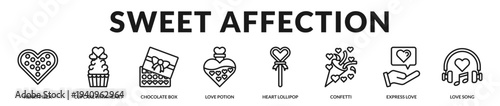 Sweet affection banner featuring delightful romantic treats and expressive celebratory elements in Lineal Icon Style