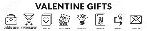 Valentine gifts banner presenting curated romantic presents and elegant symbolic packaging elements in Lineal Icon Style