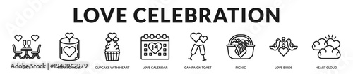 Love celebration banner highlighting festive romance moments and intimate shared experiences in Lineal Icon Style
