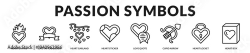 Passion symbols banner highlighting bold romantic motifs and expressive emblematic designs in Lineal Icon Style