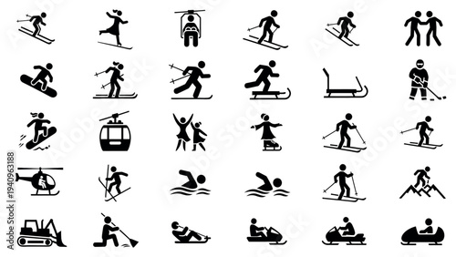 A comprehensive collection of winter and summer sports activity icons.