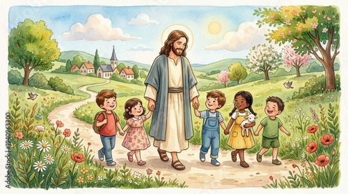 Jesus walking with children watercolor nursery illustration

