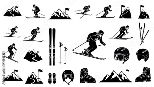 Collection of Skiing Silhouettes and Winter Sports Equipment.