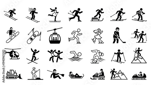 Collection of various winter sports and outdoor activity icons in a minimalist style.