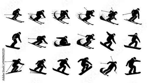 Dynamic Silhouettes of Skiers and Snowboarders in Various Action Poses.