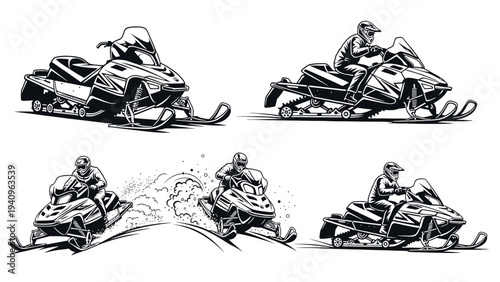 Dynamic Snowmobile Adventures - A Collection of Hand-Drawn Illustrations.