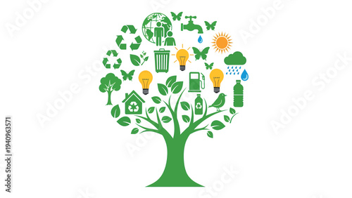 Green tree with environmental and ecological icons representing sustainability.