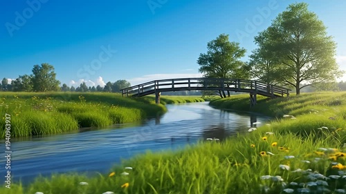 Gentle stream flows under a wooden bridge in a grassy meadow under a sunny sky