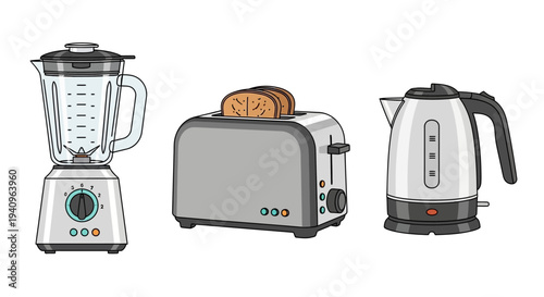 Set of Modern Kitchen Appliances Illustration with Blender Toaster and Electric Kettle