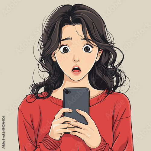 Young woman looking shocked and worried while staring at her smartphone screen as if she just received unexpected news or a message. , vector style simple color