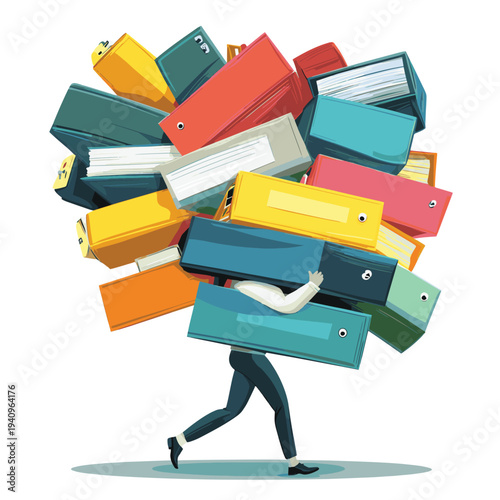 Overwhelmed office worker struggling to carry a massive, teetering stack of colorful folders and binders on a plain white background. , vector style simple color
