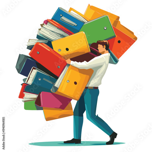 Overwhelmed office worker struggling to carry a massive, teetering stack of colorful folders and binders on a plain white background. , vector style simple color