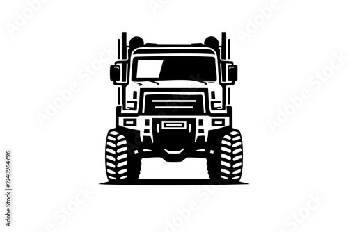 Front view of a heavy logging truck with symmetrical composition, large rugged tires