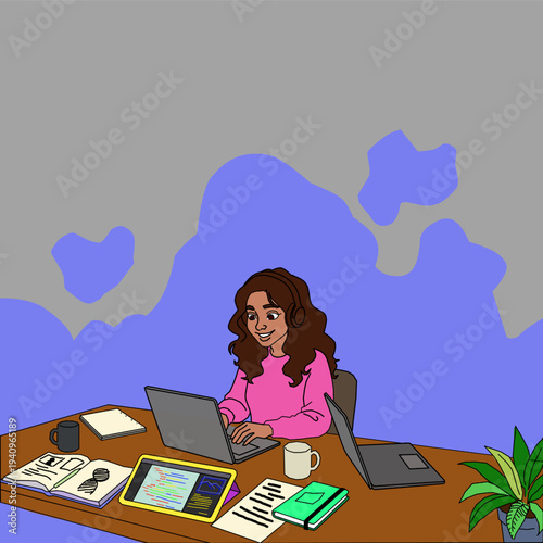 Modern Female Digital Nomad Working on Laptop in Cafe - Vibrant Vector Illustration of Remote Lifestyle