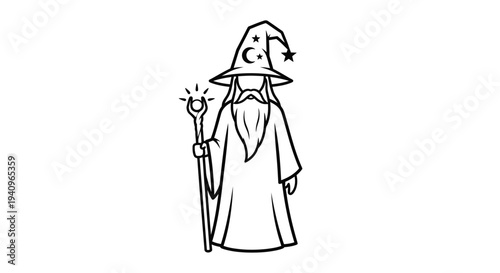 Cartoon wizard illustration magic staff and pointed hat on white background