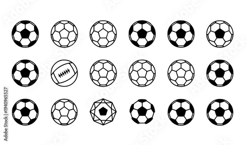 Football soccer ball icon pack with multiple sport ball symbol variations clean vector set isolated on white