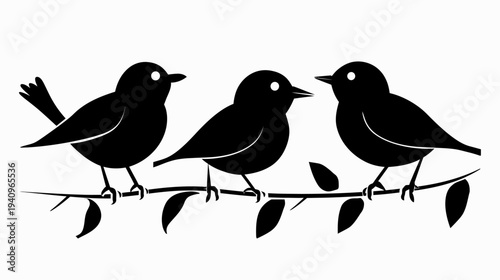 Three silhouette birds perched on a branch isolated on white background