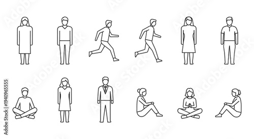 line art icons of diverse people men and women in various standing running and sitting poses for ui ux design.