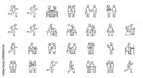 diverse people outline icons collection illustrating various human activities work fitness and social interactions