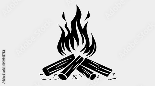 Black and white illustration of a campfire with flames and logs