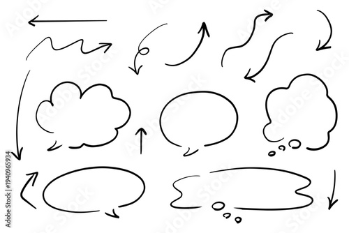 手書きの吹き出しと矢印のセット ベクター　黒