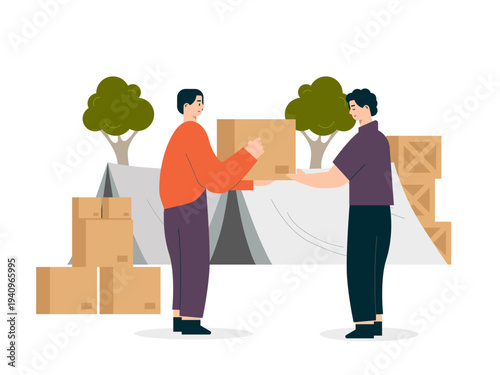 People providing humanitarian aid or support, likely in a relief camp setting. Helping people illustrations. Flat vector concepts.