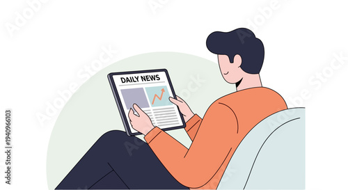 Young man comfortably sitting on a sofa, engrossed in reading daily news on a digital tablet, staying informed with current events and online information