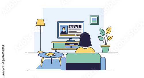 Relaxing at home, a person watches the evening news on television, staying informed and entertained in a cozy living room environment