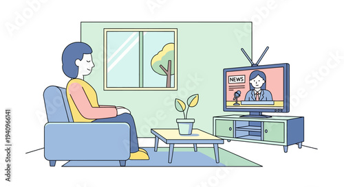A person relaxing on a sofa watching the news on a retro television in a cozy living room setting