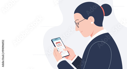 Professional woman efficiently managing her digital schedule and tasks using a smartphone, symbolizing modern mobile technology's role in productivity and organization
