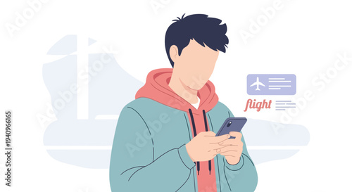 Modern traveler efficiently manages flight bookings and checks status using a mobile application, embodying the convenience of digital travel and seamless online aviation services from anywhere