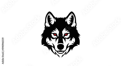 Bold black and white illustration of a wolf head with striking red eyes
