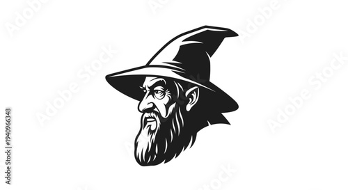 Wise wizard portrait in profile with hat and long beard monochrome illustration