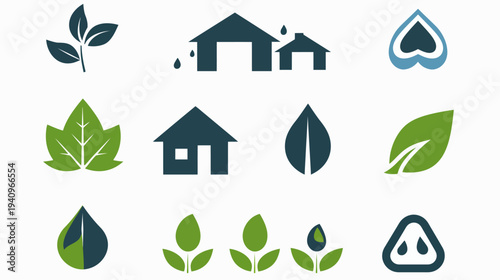 Set of minimalist vector icons featuring leaves houses and water droplets