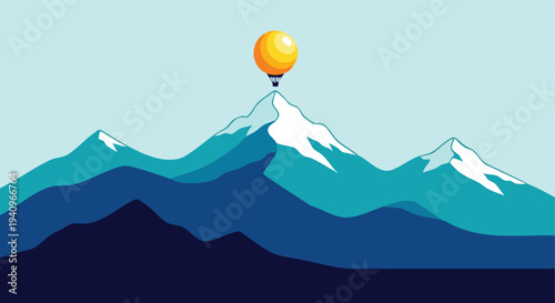 Idea lightbulb hot air balloon on mountain peak. Success concept illustration. Flat vector graphic for business inspiration.