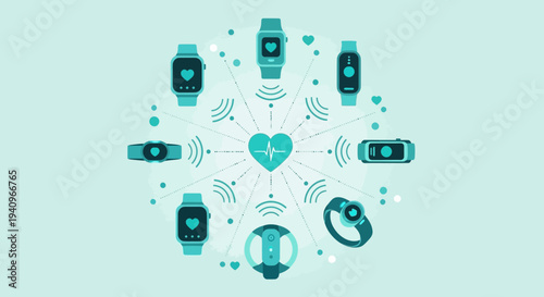Wearable Health Devices Connected to Central Heart Monitor, Smart Technology Concept
