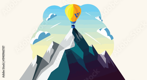 Hot Air Balloon over Mountain Peak. Achievement Concept Illustration. Flat Design Graphic. Success Journey.