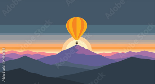 Hot Air Balloon. Mountain Landscape. Pixel Art Illustration. Minimalist Design. Sunrise Background.
