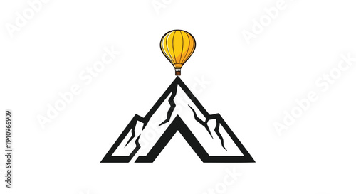 Hot Air Balloon and Mountain Peaks Logo. Adventure Travel Brand Icon. Minimalist Geometric Graphic. Clean Vector Design.