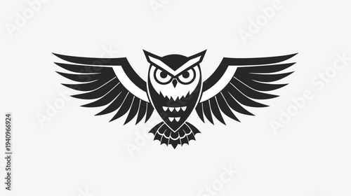 Black and white vector illustration of an owl with wings spread wide