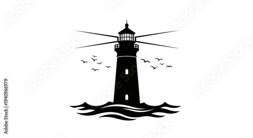 Silhouette of a lighthouse with birds and ocean waves against a white background