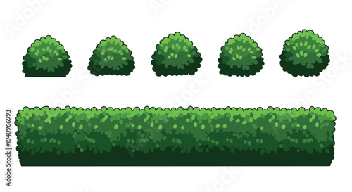 Green Bushes and Hedge. Pixel Art Elements. Retro Style. Textured Foliage. Game Assets.
